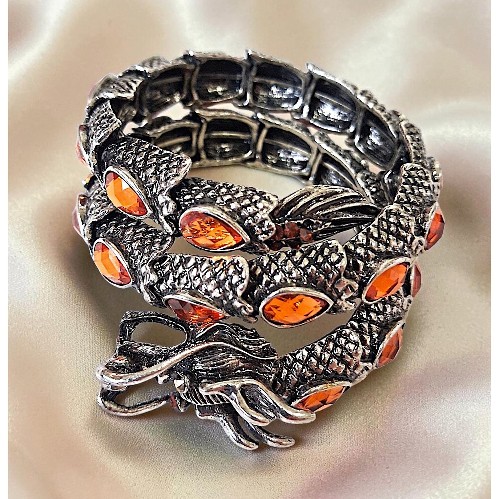 Vintage Y2K 2000s Dragon Wrap Bracelet Amber Crystal Coil Cuff Fairy Whimsigoth